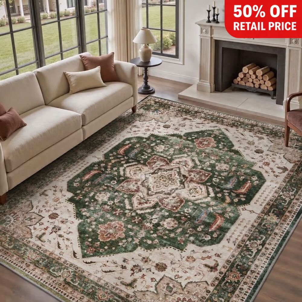 Brand New SIXHOME Vintage Distressed Area Rug – Green, 8' × 10'